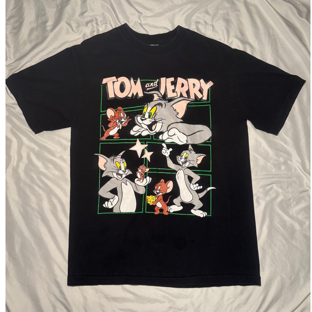 The Mushroom Tom and Jerry Graphic T-Shirt Mens Large Black‎ Vintage Streetwear